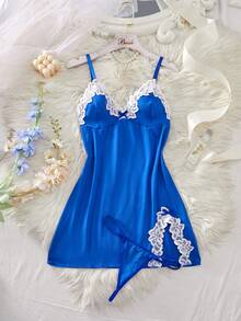 ROMWE Kawaii Váy ngủ nữ thiết kế quyến rũ cổ chữ V phối ren màu tương phản, đồ lót gợi cảm cho nữ, áo ngủ dây mảnh gợi cảm khi đi chơi - Màu xanh lam - Xem 2