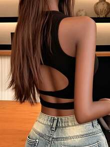 女士性感露背镂空设计吊带背心，时尚百搭，适合旅行、通勤、海滩度假 - 黑色 - 查看 2