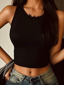 女士性感露背镂空设计吊带背心，时尚百搭，适合旅行、通勤、海滩度假 - 黑色 - 查看 1