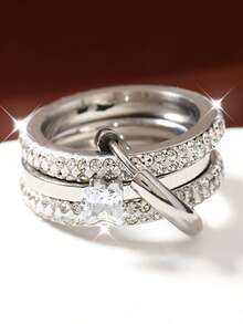 三色三环时尚女士戒指，可拆卸，锆石装饰，适合女性日常搭配、派对、礼物、配饰