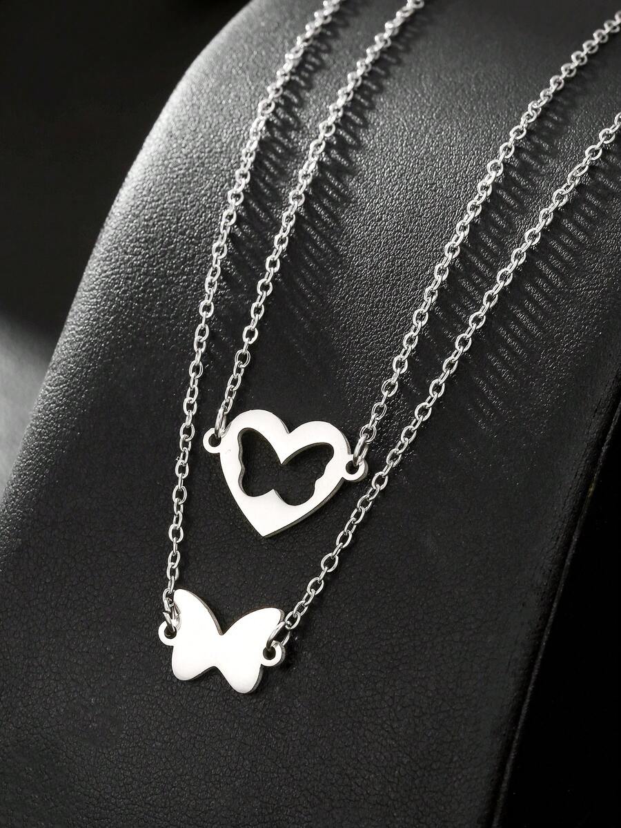 2 件套简约不锈钢蝴蝶心形元素吊坠项链，适合日常佩戴，送给女朋友、家人、朋友、海滩度假、节日、生日的礼物 - 銀白色 - 查看 1