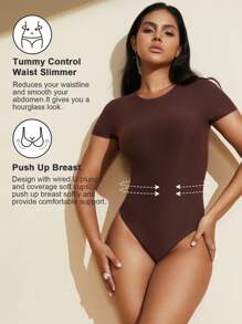 1pc Women's Waist Cinching Seamless Bodysuit, Black Round Neck Short Sleeve Sexy Thong Shapewear