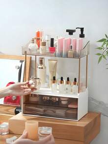 一組組合化妝品收納盒，桌面大容量化妝，梳妝台護膚品置物架，家用整理收納架多種場景適用 ，梳妝台， 浴室 ，臥室/書房 ，大容量設計 多功能分區 - 灰色,透明白隨機 - 查看 7