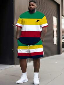 2pcs Plus Size Men Colorful Print Design T-Shirt And Drawstring Shorts Set, Fashionable, Crew Neck Short Sleeve Top With Casual Shorts - Green - View 1