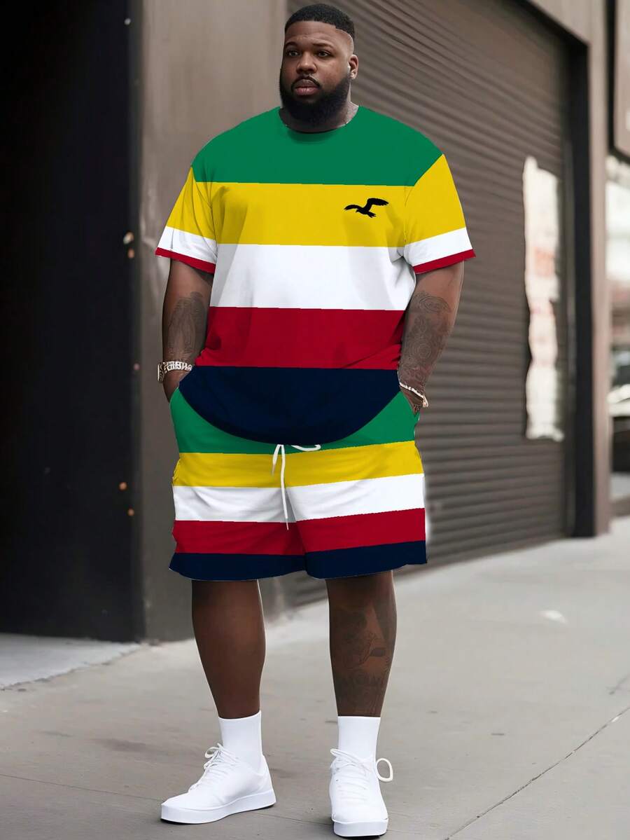 2pcs Plus Size Men Colorful Print Design T-Shirt And Drawstring Shorts Set, Fashionable, Crew Neck Short Sleeve Top With Casual Shorts - Green - View 1