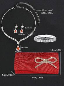 Bolsa Clutch Elegante com Laço para Festas Feminina, Bolsa de Ombro com Corrente, Bolsa de Festa; Conjunto de 3 Peças com Colar e Brincos de Cristal em Formato de Coração