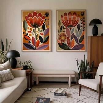 1 pieza/2 piezas Pósteres de arte decorativo de flores abstractas de estilo nórdico, impresiones de lienzos con arte floral minimalista vintage de mediados de siglo, cuadros de pinturas coloridas para decoración de sala de estar, dormitorio, hogar, oficina o dormitorio. Diseño de fondo de pared con opción de marco.