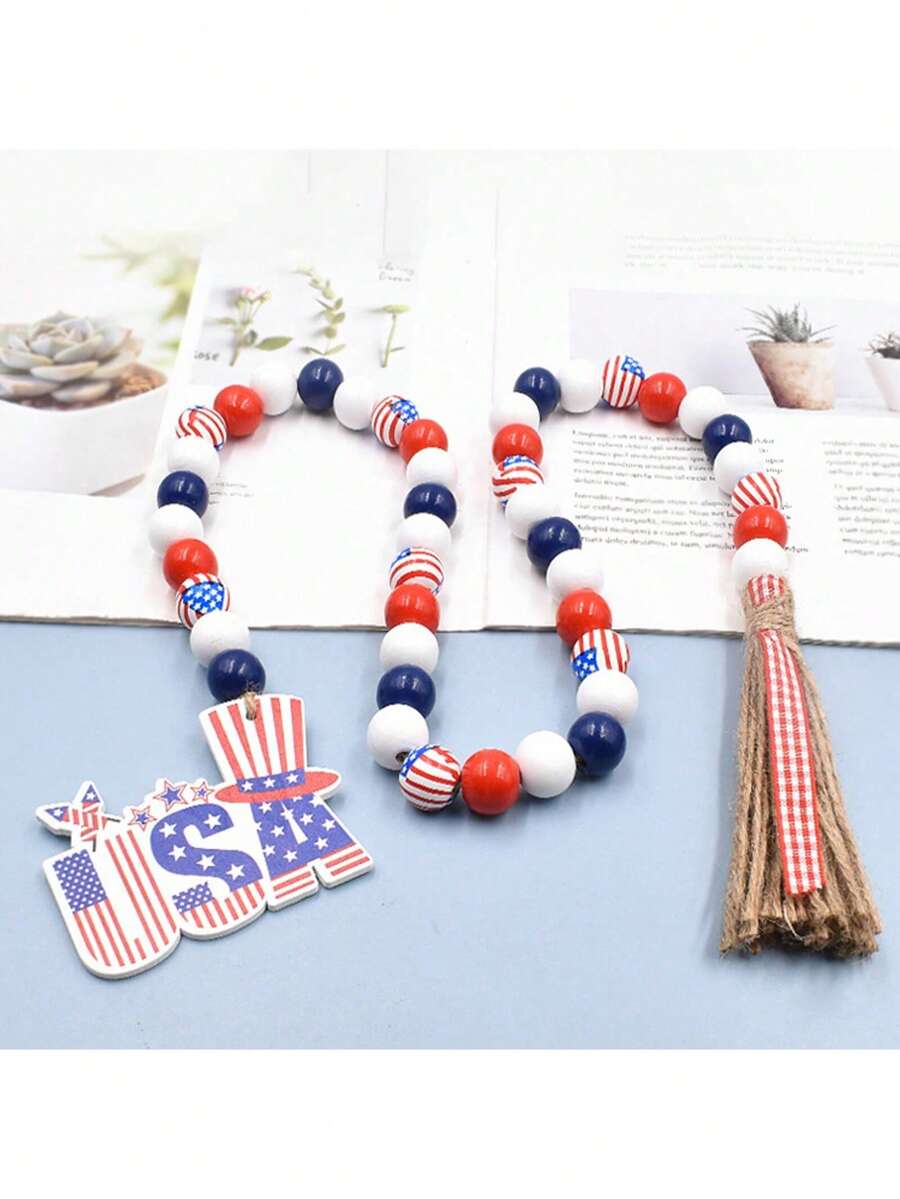 1 件 7 月 4 日餐巾环爱国木珠餐巾架环带绳流苏农舍木珠花环壁挂装饰独立日波西米亚风家居装饰骄傲月装饰