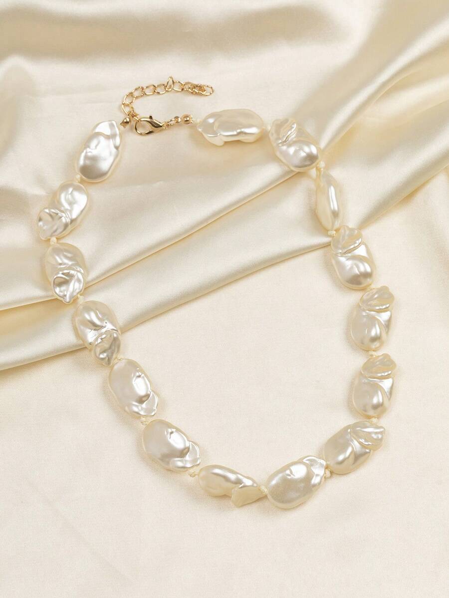 1 chiếc vòng cổ ngọc trai giả cỡ lớn bất đối xứng đơn giản thời trang dành cho nữ, thích hợp để đeo hàng ngày và ngày lễ - Ngà - Xem 1