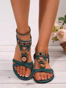 Fashion Round Toe Flat Beaded Sandals, Minimalist Vintage Casual Beach Shoes - Peacock Blue - View 3