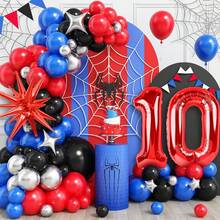 Juego de arco y número de globos de látex con estrella roja, decoraciones de cumpleaños, juego de arco de globos rojo, azul, negro y plateado con torres de globos numéricos rojos de 40" del 1 al 11, globos de cumpleaños, adecuado para fiesta de cumpleaños temática de superhéroe - Multicolor - Ver 13