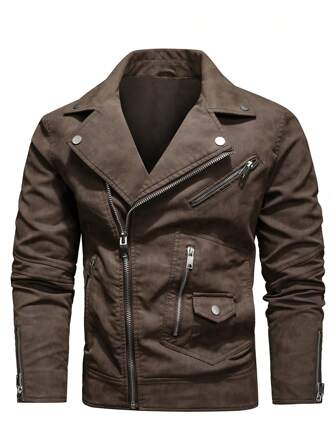 男士休闲立领皮夹克，多口袋防风纯色皮夹克，复古摇滚风，秋冬款