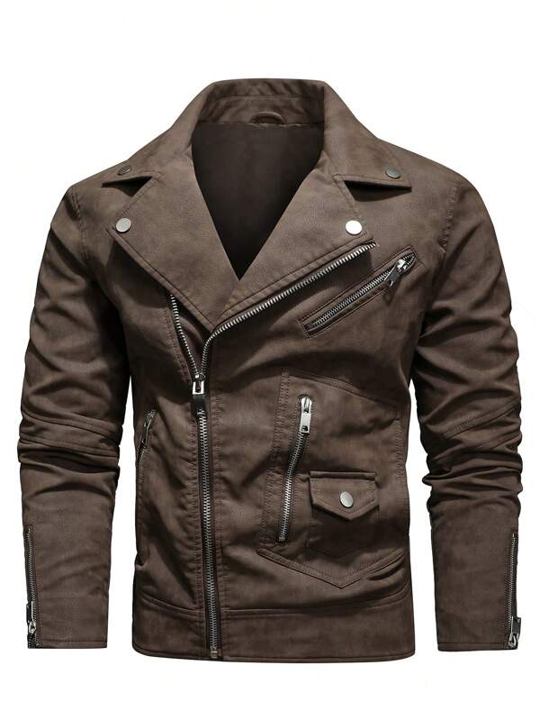 Men's Casual Stand Collar Leather Jacket, Multi-Pocket Wind-Resistant Solid Color Leather Coat