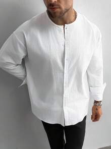 Áo sơ mi nam vải lanh kiểu cổ điển, vai rớt, màu trơn, cổ tròn, tay dài, thích hợp làm quà tặng Ngày của Cha, đi làm và mặc hàng ngày, dáng rộng, phù hợp cho kỳ nghỉ biển, cũng là quà Giáng sinh cho phái mạnh, cần thiết cho mùa thu. - trắng - Xem 4