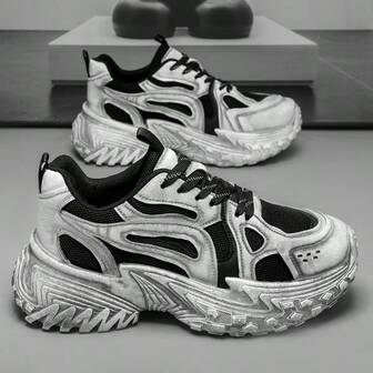 Tênis masculinos, tênis retrô robustos, superfície de malha respirável, calçados esportivos casuais, plataforma elevada, modernos e versáteis para o verão