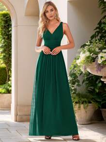 EVERPRETTY Vestido de dama de honor elegante de gasa con cuello en V sin mangas, fruncido, largo, de color verde oscuro, para boda, graduación y eventos formales