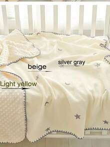 1件婴儿刺绣星月图案春夏柔软舒适绒球毯，婴儿房幼儿大号被子，儿童空调毯，成人办公防风披肩，婴儿车毯 - 刺繡星月 - 查看 2