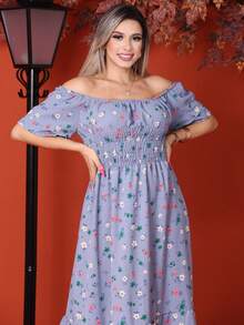 WOMEN'S LONG MIDI DRESS WITH PUFFED SLEEVES, RUFFLED, OFF-THE-SHOULDER, TRES MARIAS FLORAL - Gris Claro - Ver 3