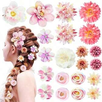 21pcs Floral Hair Clips Set, Bohemian 3D Rose Flower Hair Clips Suitable For Sweet Girls' Daily Wear Or Bride Wedding Party Headpiece, Romantic Gift For Women And Girls, Purple And Pink, Floral Hair Clips, Party Hair Accessories, Halloween Costume Accessories, COS Princess Role Play Headdress, Vacation Outfits Woman, Girly, Best Friend Gifts