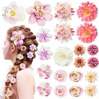 21pcs Floral Hair Clips Set, Bohemian 3D Rose Flower Hair Clips Suitable For Sweet Girls' Daily Wear Or Bride Wedding Party Headpiece, Romantic Gift For Women And Girls, Purple And Pink, Flower Hair Clips For Party, Hair Clip Hair Slide, Carnival Party Costume Accessories, COS Princess Role Play Headdress, Valentine's Day/Music Festival/Concert Party Hair Accessories, Spring, Hairpin