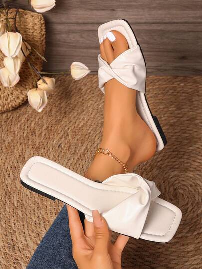 New Summer White Cute Flat Sandals Women, Fashion Casual Strap Slip-On Sandals With Yellow Sole