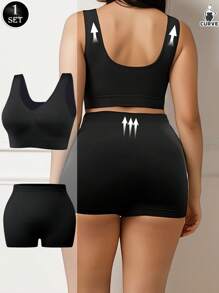 1 Set Plus Size Women Black Comfortable Seamless Wide Band Sports Bra And Soft Elastic Seamless Mid-Waist Sports Shorts, Suitable For Fitness, Running, Yoga