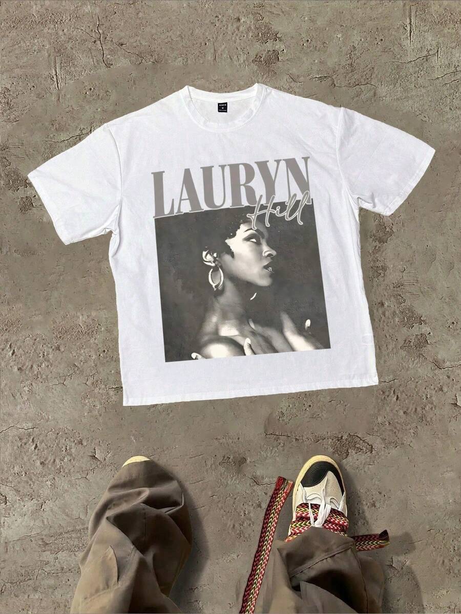Music Lauryn Hill Themed With Artist's Name And Image Themed Graphic Casual Soft Short Sleeve Pure Cotton 220gsm T - Shirt - trắng - Xem 1