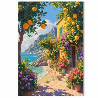 1 pièce canevas d'art de paysage de citronnier de la côte amalfitaine pour la décoration murale de la chambre à coucher et du salon familial, Affiche de paysage urbain imprimé de maison côtière colorée sans cadre