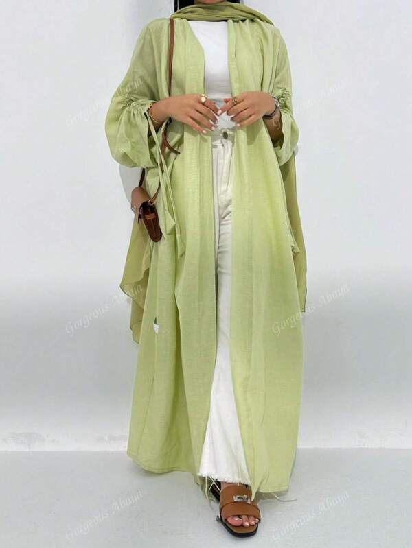 1 Piece Solid Color Simple Drawstring Cuffs Women Solid Color Middle Eastern Clothing Long Dress Fashionable And Elegant Cardigan Dress Robe Abaya Suitable For Daily Festivals