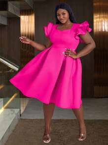 大码女式甜心领盖袖褶皱秋千生日派对毕业礼服，适合生日、婚礼宾客、毕业典礼、晚宴、返校节