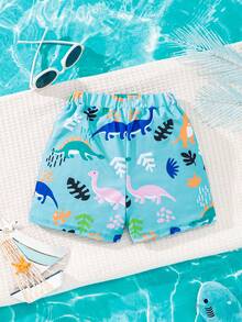 Toddler Boy Cartoon Dinosaur Printed Swim Trunks - Blue - View 2