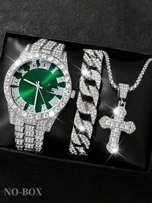 3PCS Men's Simple Quartz Watch Set Rhinestones Round Dial, With Personalized Cross Pendant Necklace And Chain Bracelet ,Suitable For Daily Wear - Silver - View 1