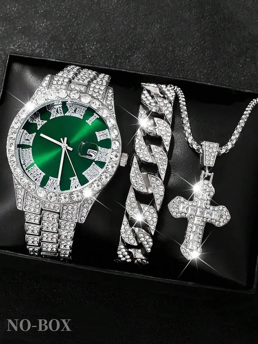 3PCS Men's Simple Quartz Watch Set Rhinestones Round Dial, With Personalized Cross Pendant Necklace And Chain Bracelet ,Suitable For Daily Wear - Silver - View 1
