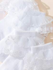 4 Pairs Girls White Layered Lace Trim Ankle Socks, Princess & Ballet Style - White - View 3