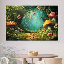 1 pieza, Fondo de bosque encantado con mariposas vibrantes, setas coloridas y frondosa vegetación - Escenario de fotografía de cuento de hadas para fiestas, eventos y cumpleaños, material de poliéster, perfecto para sesiones de fotos y decoración, fondo para eventos | Ambiente ensoñador | Diseño vibrante, Decoración de bosque - Multicolor - Ver 8