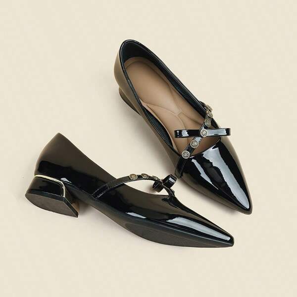 Pointed Toe, Chunky Heel, Retro Bow & Rivet Decor Mary Jane Shoes, Low Heel, Elegant Casual Versatile Flats For Women