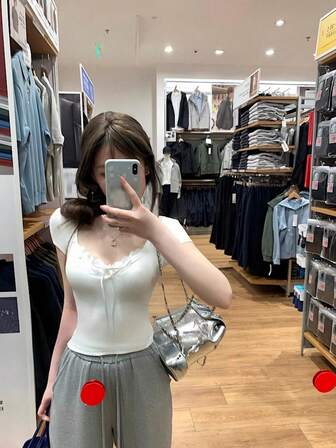 韩版蕾丝拼布修身短袖T恤，2025新款夏季纯色休闲上衣，ins风