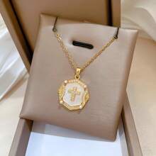 1pc Luxurious Pearl Stainless Steel Cross Titanium Chain Pendant Necklace, Arabic Style Cross Necklaces For Women, Suitable For Daily Wear Or Gift