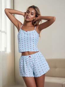 Women Pajamas Set 2 Pieces Loungewear Suits Bow Print Sleeveless Backless Cami Tops And Shorts Sleepwear Outfits - Blue - View 3