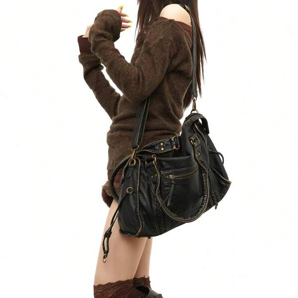 2025 Fashion Women's Bag, Y2K Vintage Motorcycle Bag, Soft Leather Large Capacity Tote Bag, Dystopia Style Shoulder Bag, Extremely Soft Material