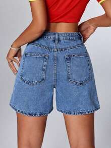 Women's Comfort High Waist Bermuda Jeans – Light Wash And Stonewashed Effect - Light Wash - View 3