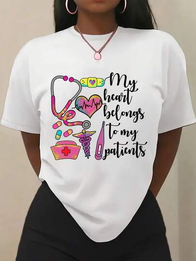 Unisex Summer New Hot Selling  My Heart Belongs To My Patients Cute Nursing Life Tee For Women Casual Daily Wear Funny Graphic Shirt  Graphic Tees