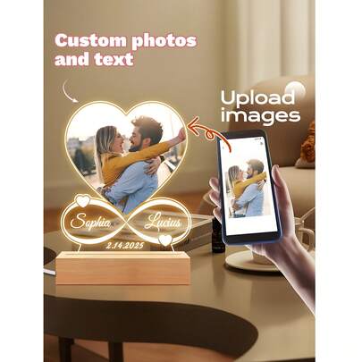 Personalized Custom Picture Frames With LED Night Light Christmas Gifts New Year Acrylic Heart Plaque Wooden Stand Table Lamp Customized Photo, Mother's Day Anniversary Birthday, Unique Gift For Couples, Girlfriend, Boyfriend, Family, And Friends - Perfect For Christmas, Birthday, Anniversary, And Romantic Occasions, Personalized Gifts ,Urban Gala ,Fashion Decor