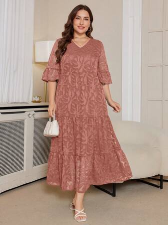 DEARCASE Plus Size Women's Deep V-Neck Ruffle Sleeve Multi-Tiered Hem Long Dress
