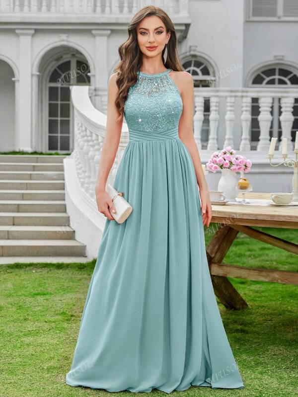 MIUSOL Sequin Floral Lace Halter Neck Sleeveless Ruched Chiffon Formal Party Maxi Dress,Formal Evening Gown, For Wedding Guest, Graduation, Dinner