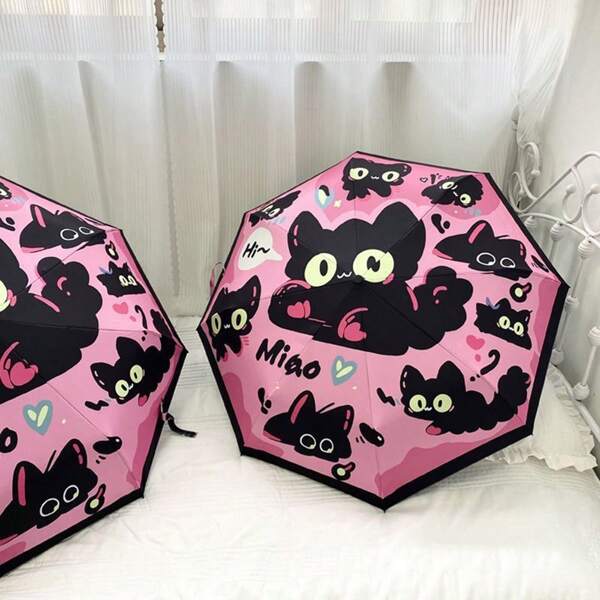 1 pieza Paraguas plegable automático con diseño de gato adorable, de doble uso para lluvia y protección solar, paraguas de viaje