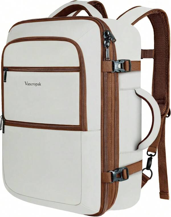 VANCROPAK Expandable Personal Item Travel Backpack For Women, 40L Airline‑Approved Carry On Underseat Bag With Luggage Sleeve, Lightweight Water‑Resistant Weekender Backpack For Business Trips, College Students, Moms, Summer Vacation, Back To School & Holiday Gift, Beige