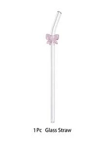 5 piezas Pajitas de vidrio con lazos rosas de dibujos animados, pajitas de vidrio reutilizables y duraderas, resistentes a temperaturas, se pueden usar para batidos, jugos, leche con té, bebidas frías, cócteles, reuniones familiares, oficinas, restaurantes, bares, pastelerías (con cepillo para pajitas) Regalos de Navidad - Multicolor - Ver 5