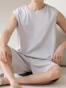 AICJ 2 件男士纯色休闲宽松简约背心上衣和短裤睡衣套装，适合春夏季家居服 - 淺灰色 - 查看 3
