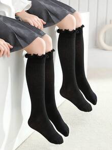 2/1 Pair Kids Calf Socks, Mesh Socks, Girls Calf Socks, Black, Solid Color, Frill Trim, Line, Straight Tube Socks, Cute, Princess Style, School Style, Spring Summer Autumn, All Season, Suitable For Daily Wear, Party Princess Socks, Festivals, Back To School, Delicate Cute, Versatile, Can Be Paired With Loafers, Sneakers, Flats, Back To School Season, Students, New Semester, Start Of School, Classroom - Black - View 6